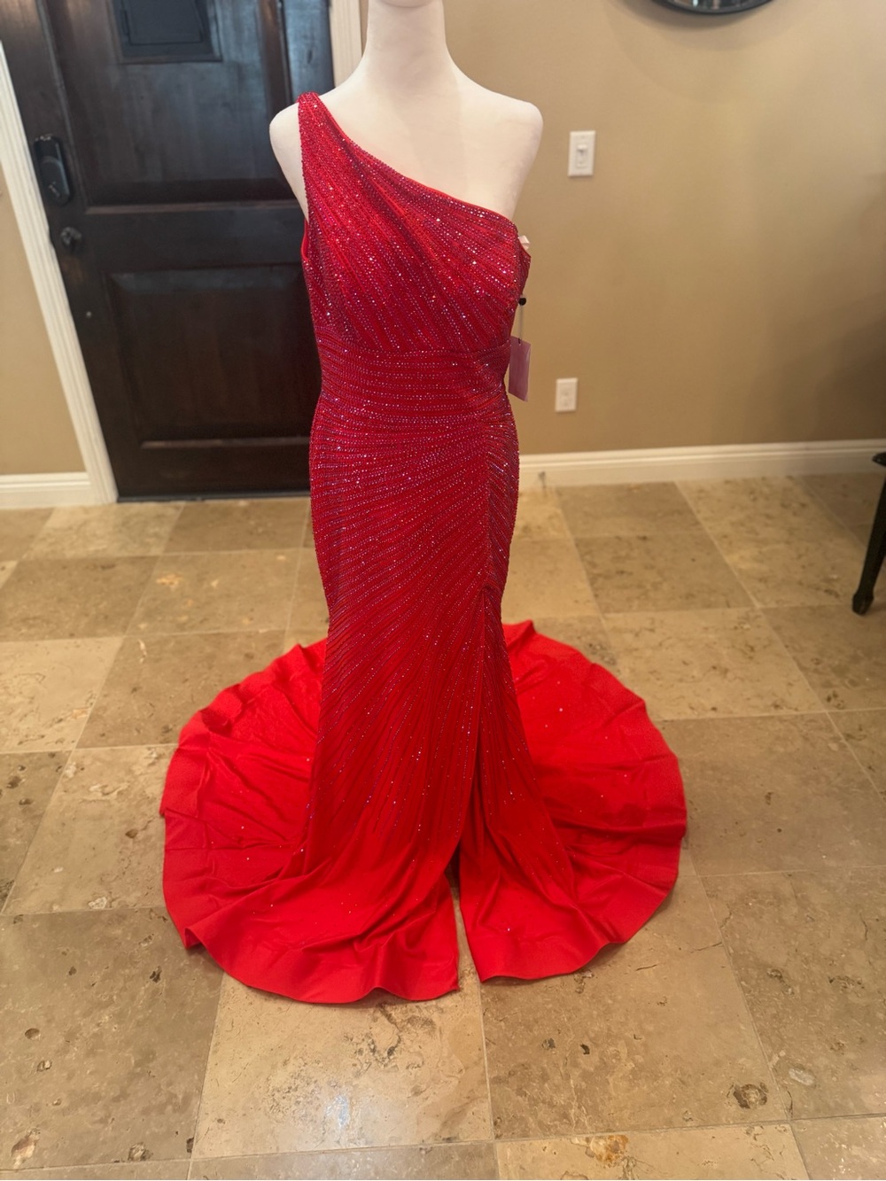 Sherri Hill One-Shoulder Red Beaded Evening Gown
